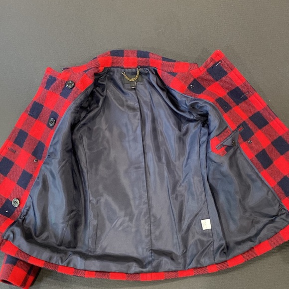 J. Crew 100% Wool Red & Navy Buffalo Check Plaid Pea Coat  Double Buttons Size 2 - Picture 5 of 14